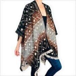 FRYE Brown, Cream, Gray, and Black Ruana Oversized Wrap Poncho with Fringe, OS
